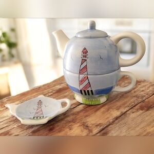 Vintage Nantucket Nautical Lighthouse Teapot and Saucer Set w/ Teabag Holder